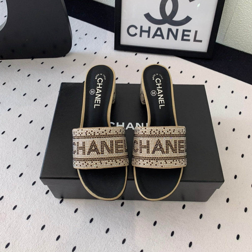 CHANEL RHINESTONE LETTER HIGH HEELS CARAMEL BROWN AND BLACK LAMBSKIN