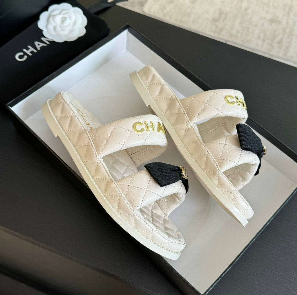 CHANEL Mule Sandals Lambskin White Black