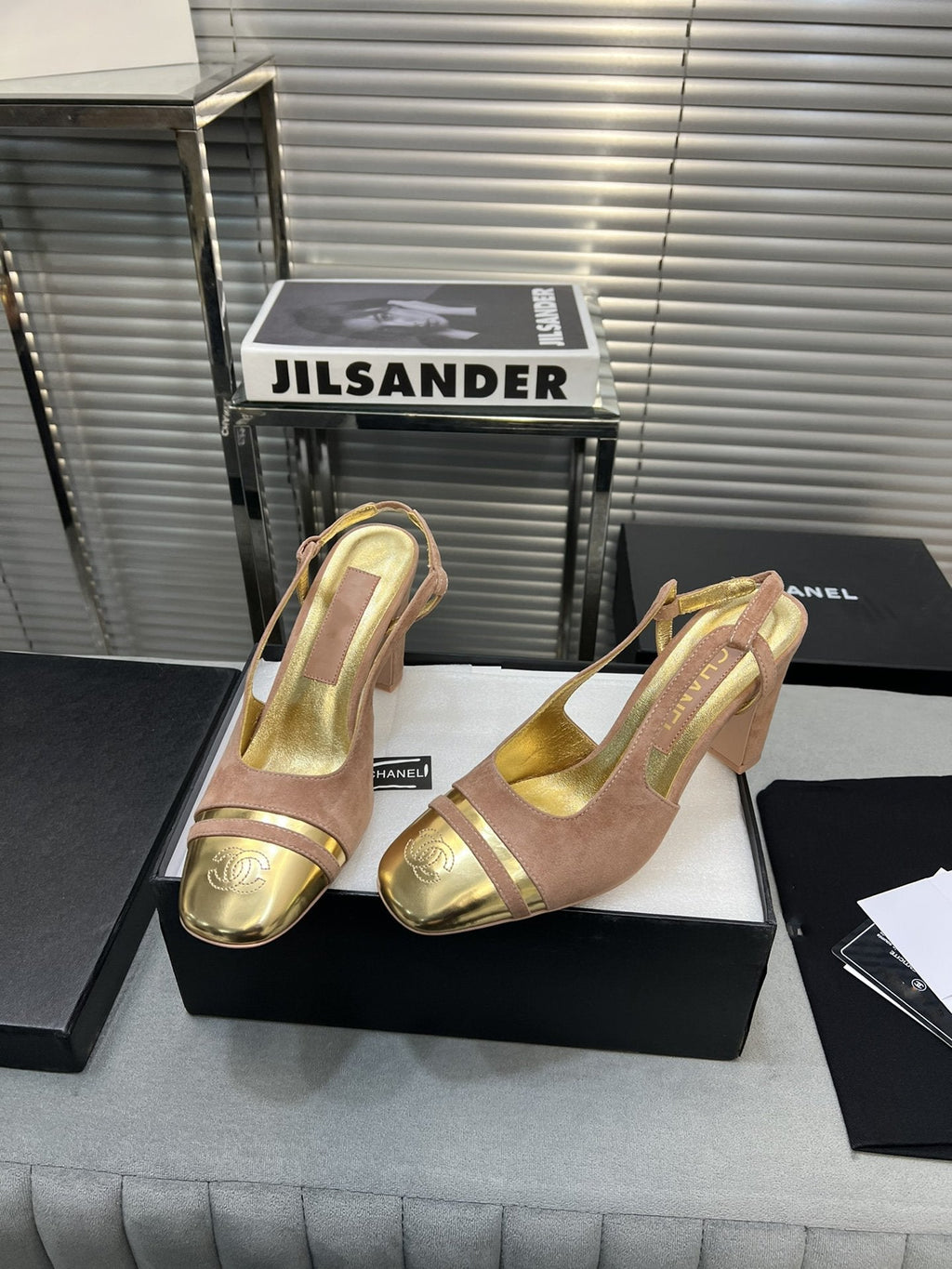 CHANEL slingback rose suede gold metalic lambskin square toe 9.5