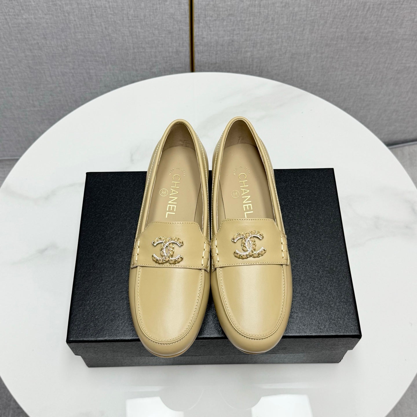 CHANEL LOAFER 25S IN WARM BEIGE LAMBSKIN WITH GOLD HARDWARE