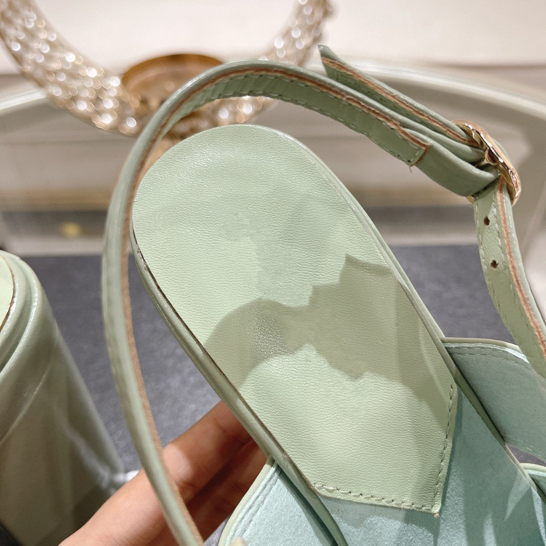 CHANEL sandals light turquoise patent crumpled lambskin