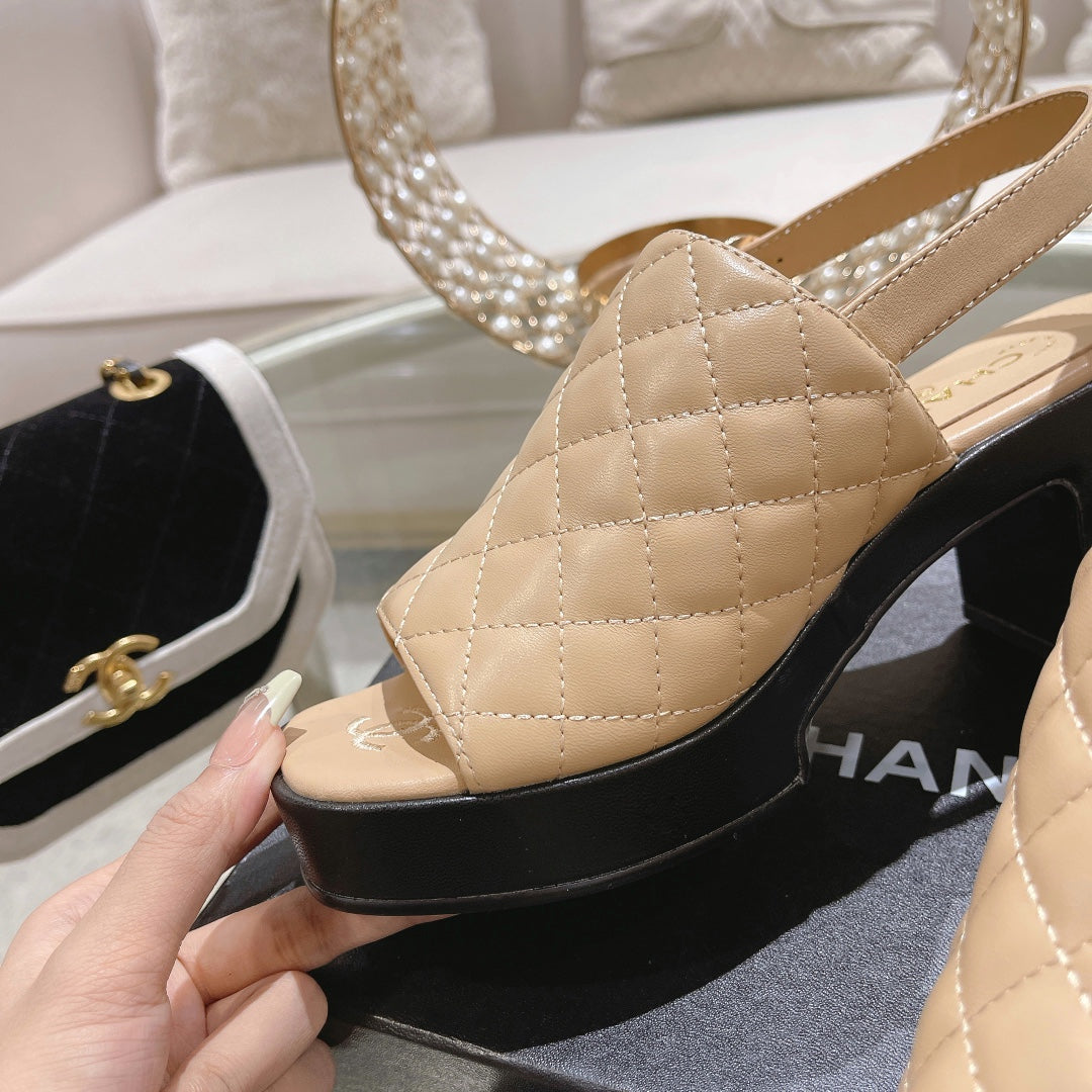 CHANEL Double C  Chunky Heel Peep-Toe Open Sandals Beige Cream Lambskin