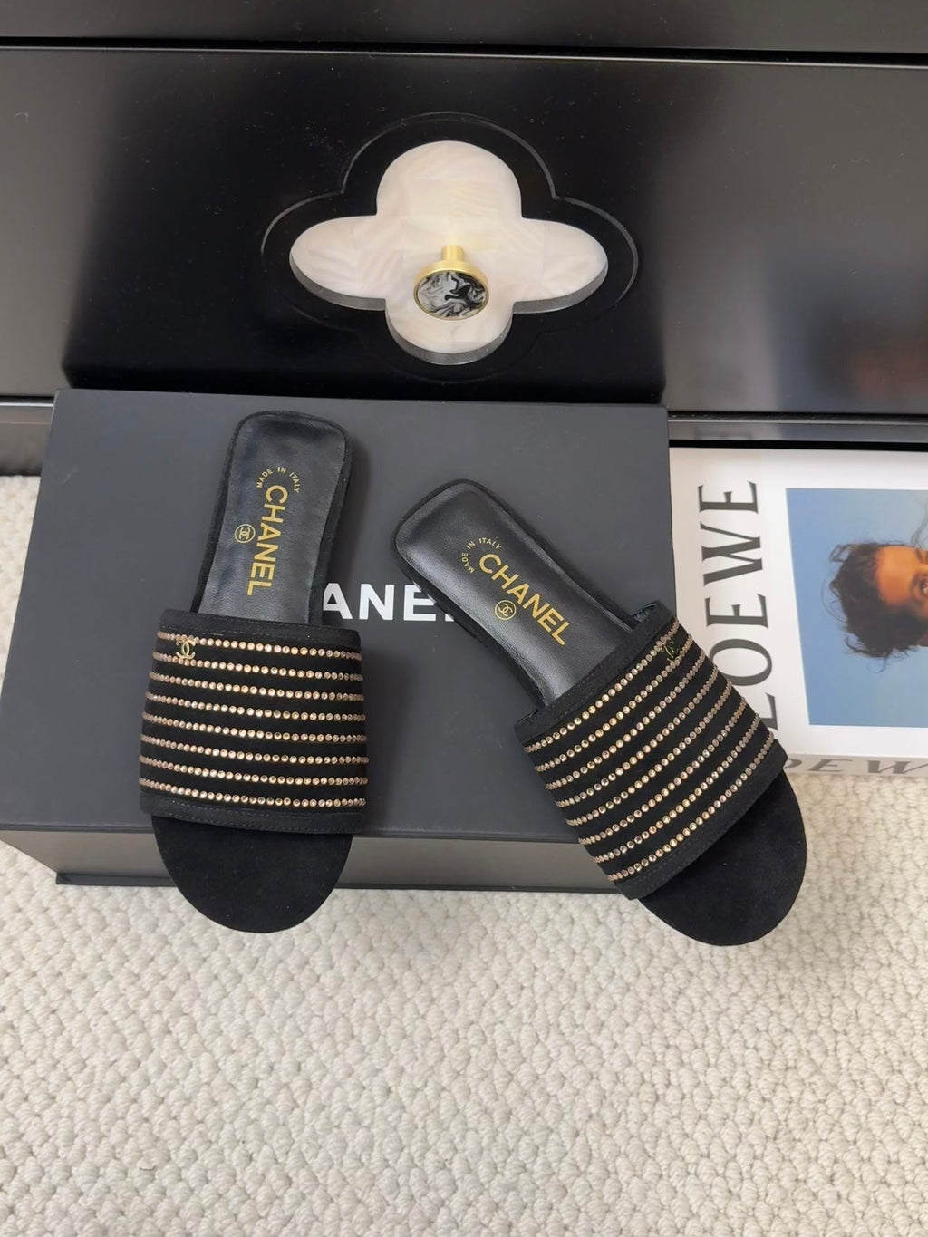 CHANEL FLAT SLIDE IN BLACK SUEDE WITH CRYSTALS