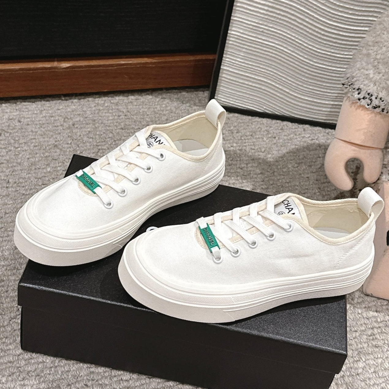 CHANEL LACE-UP SNEAKERS IN WHITE CANVAS
