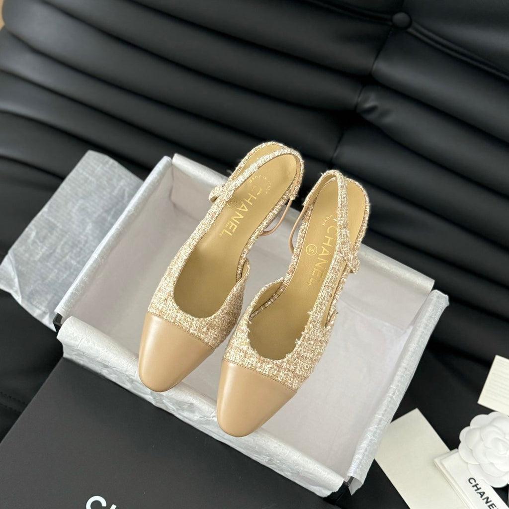 CHANEL CLASSIC HIGH SLINGBACK CORN YELLOW TWEEDS AND CALFSKIN