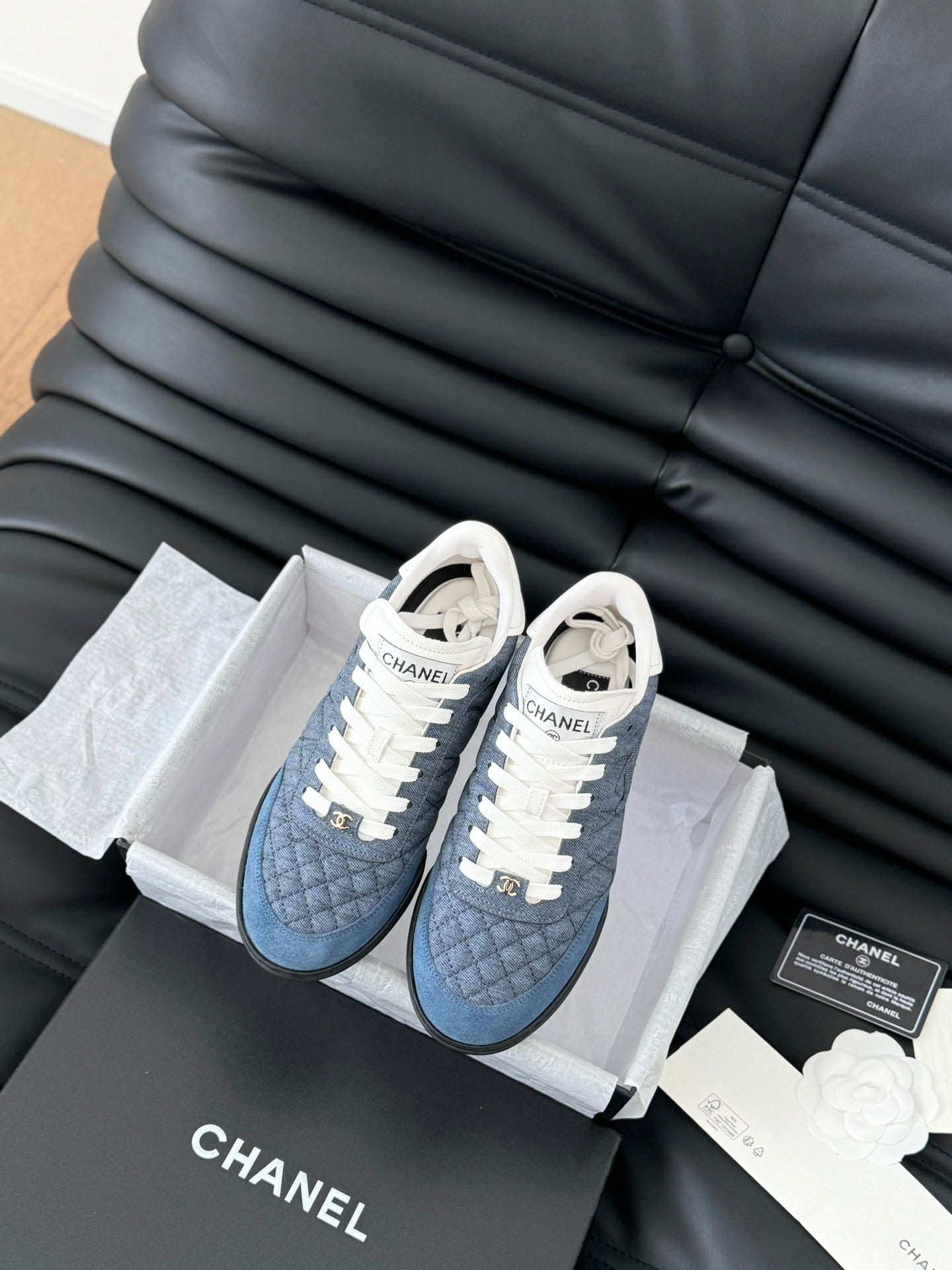 CHANEL SNEAKER IN AEGEAN BLUE MIX WHITE EMBROIDERED LAMBSKIN