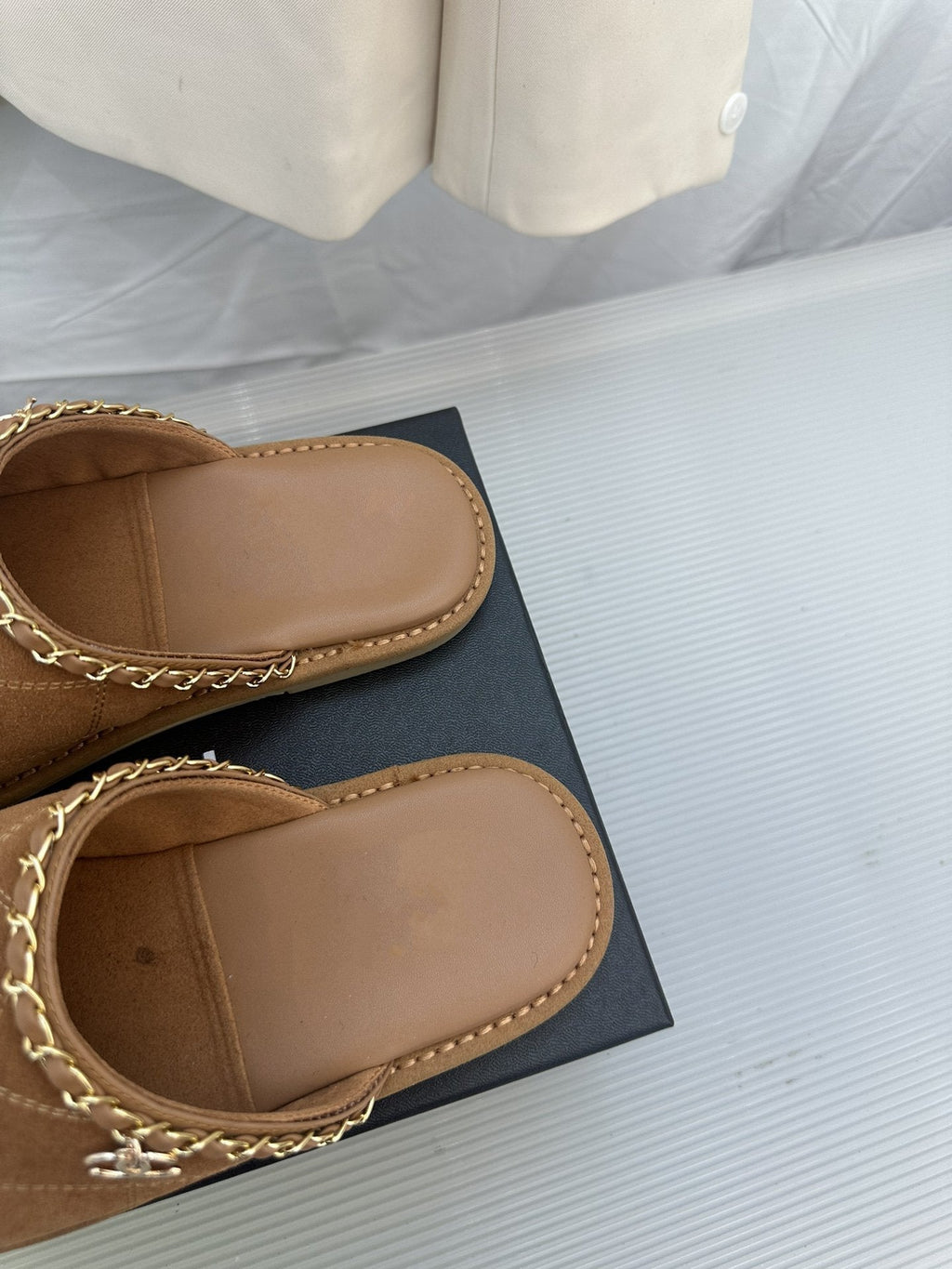 CHANEL Brown Suede Gold Chain Mules