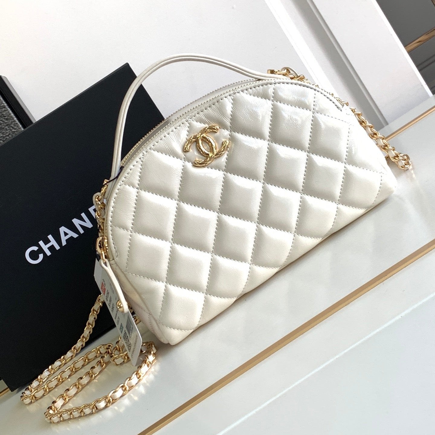 CHANEL CLASSIC MINI 20 CLUTCH WITH STRAP IN GLOSSY WHITE CALFSKIN