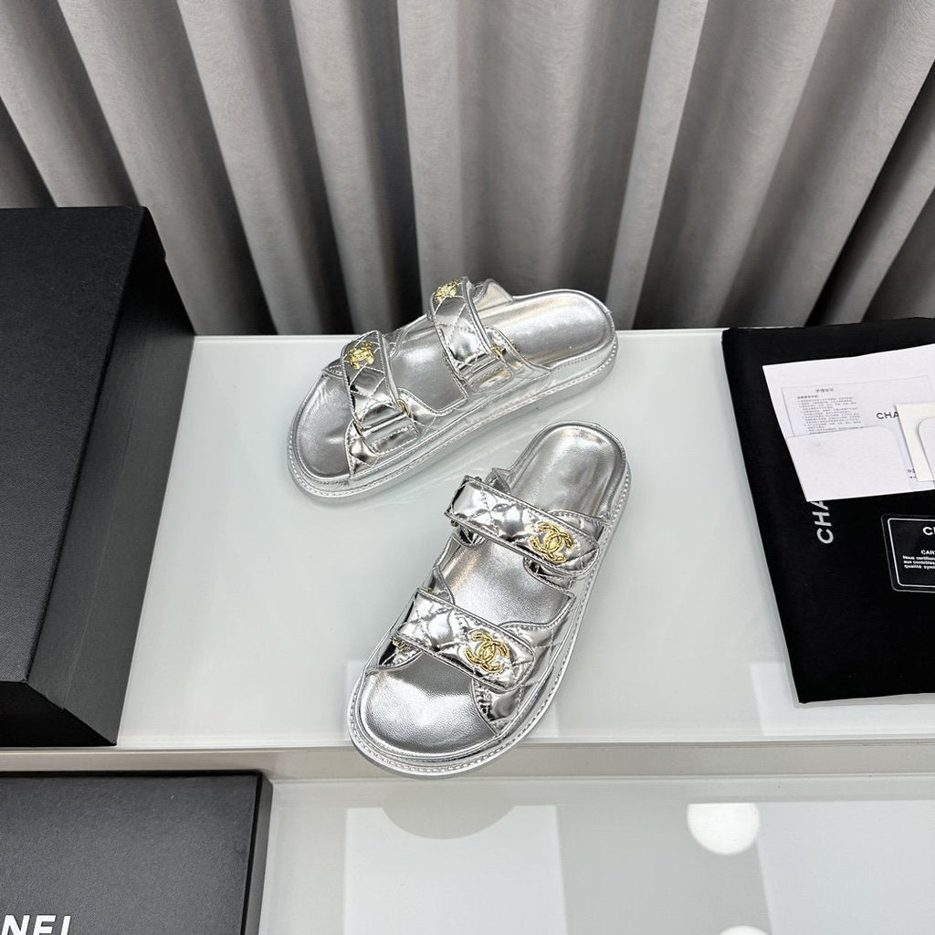 CHANEL dad sandals silver metalic lambskin mules