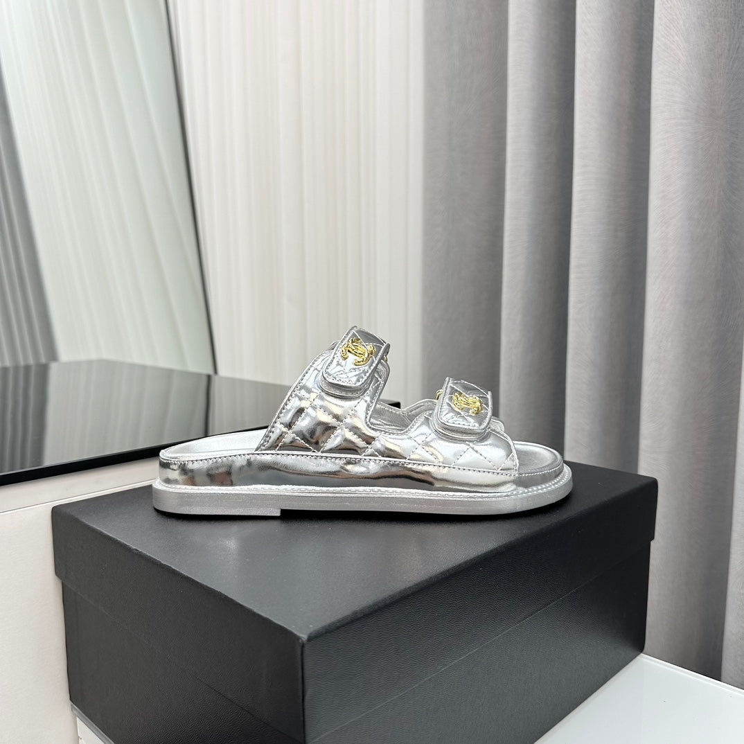 CHANEL dad sandals silver metalic lambskin mules