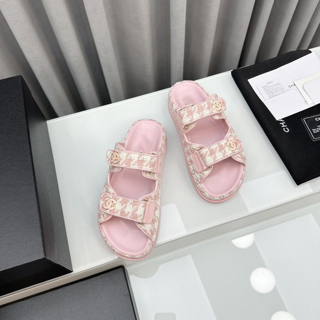 CHANEL dad sandals pink white mules