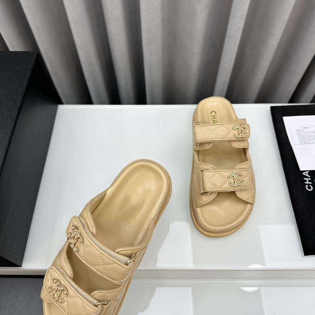 CHANEL dad sandals beige lambskin mules