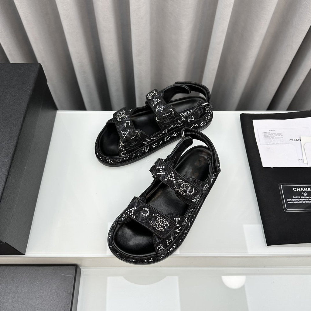 CHANEL dad sandals black denim mules