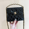 CHANEL 25S  TOTE CROSSBODY BAG 19 IN BLACK GLOSSY LEATHER WITH METAL HANDLE